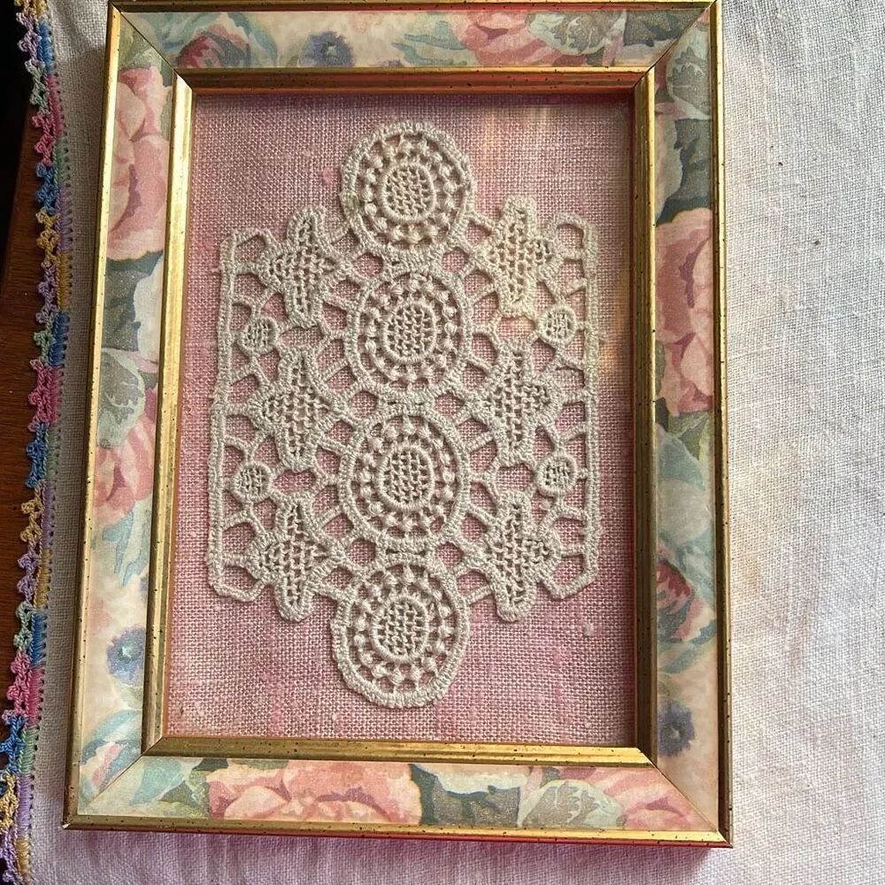 Lace sampler framed art vintage country  life cottage core